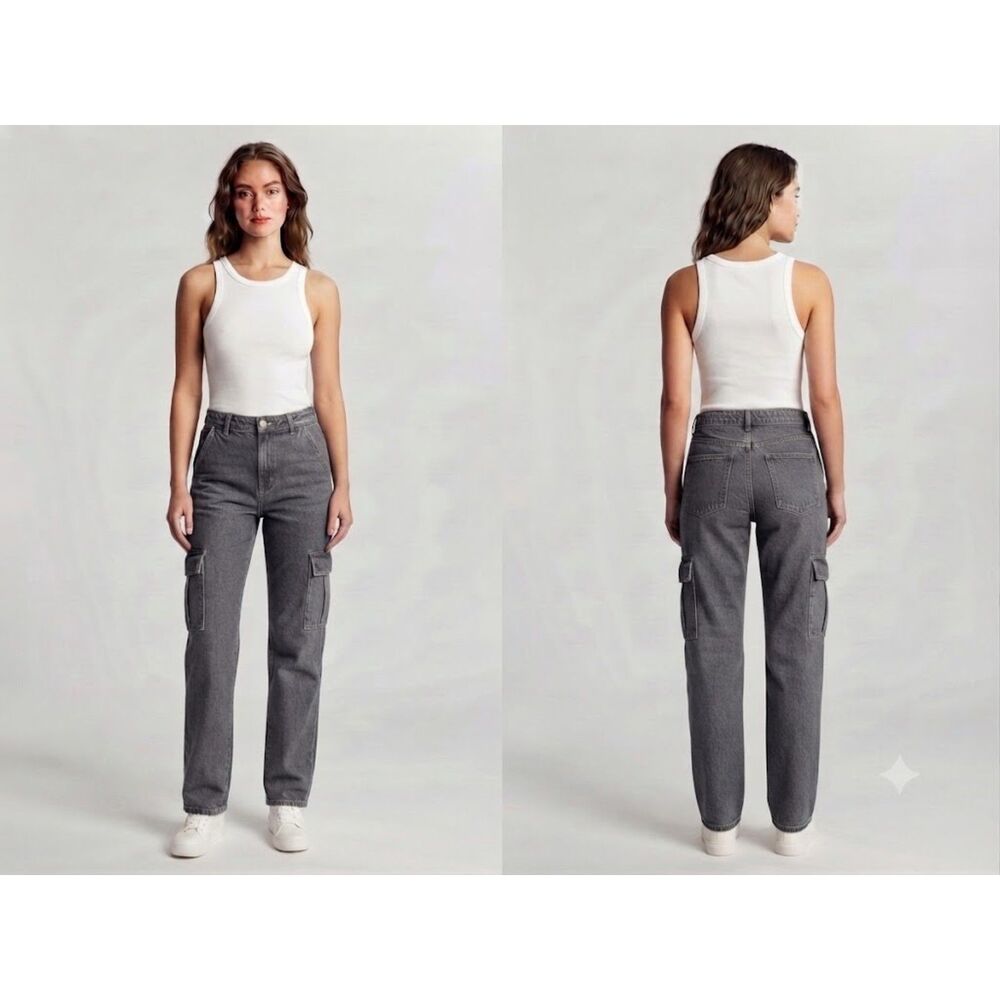 ZARA Black High Waisted Utility Cargo Pants Straight Leg Size 2 USA